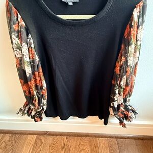 Adrianna Papell Black Sweater with Floral Chiffon Sleeves